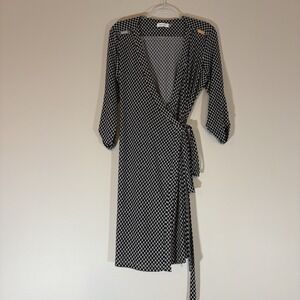 Calvin Klein Dress Wrap Plunge Neck Roll Tab Long Sleeve Black White Sz 14 NWOT